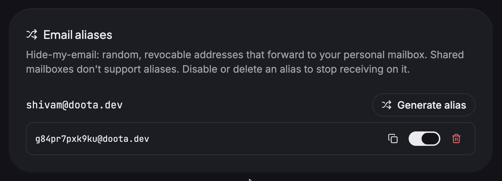 Doota's extra-addresses settings, listing aliases mapped to a mailbox