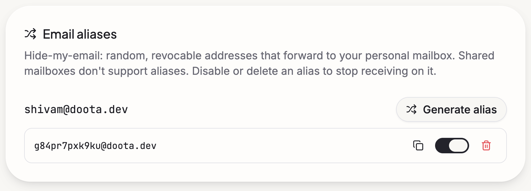 Doota's extra-addresses settings, listing aliases mapped to a mailbox