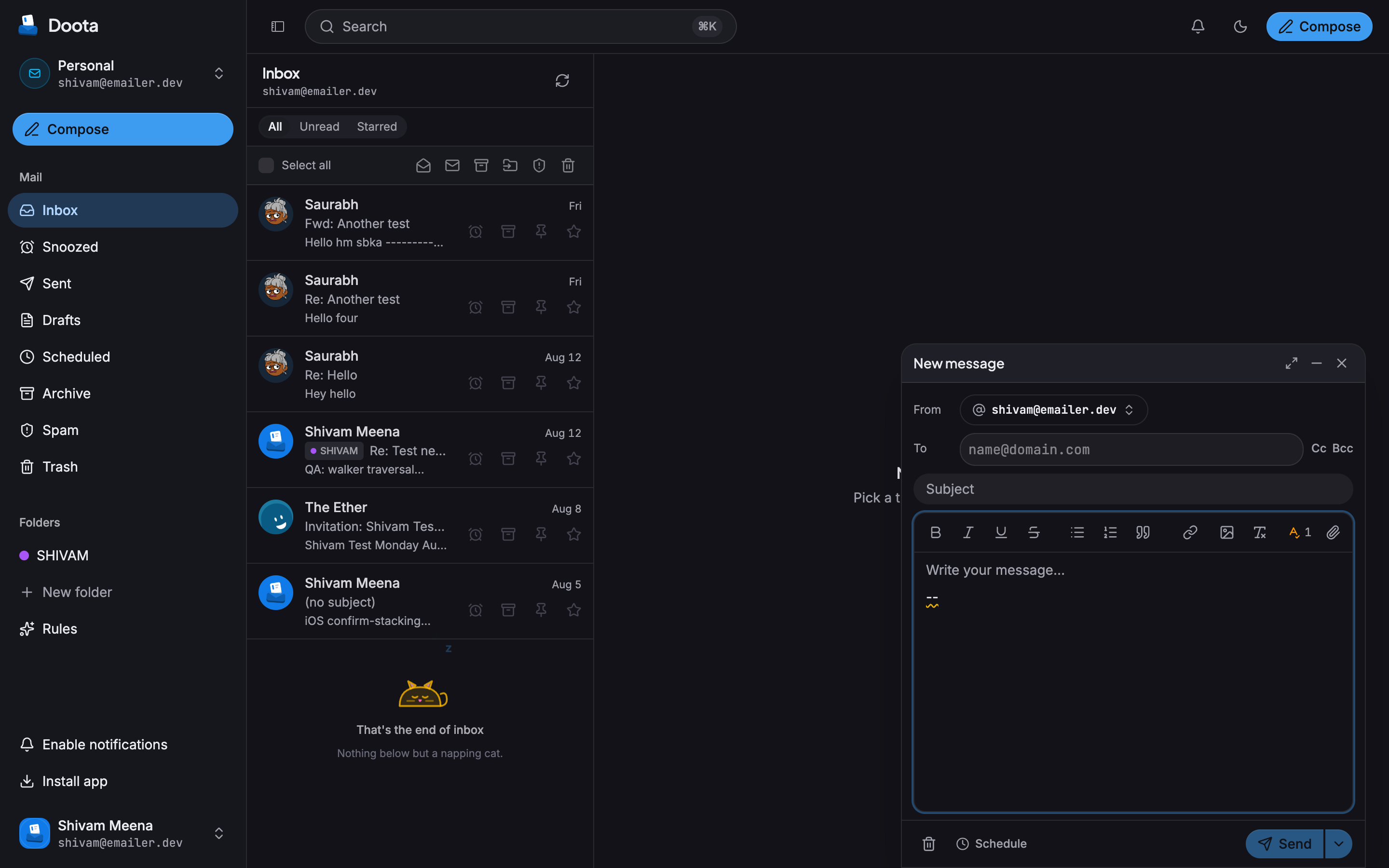 The Doota message composer, with recipient, subject, and the from-address picker