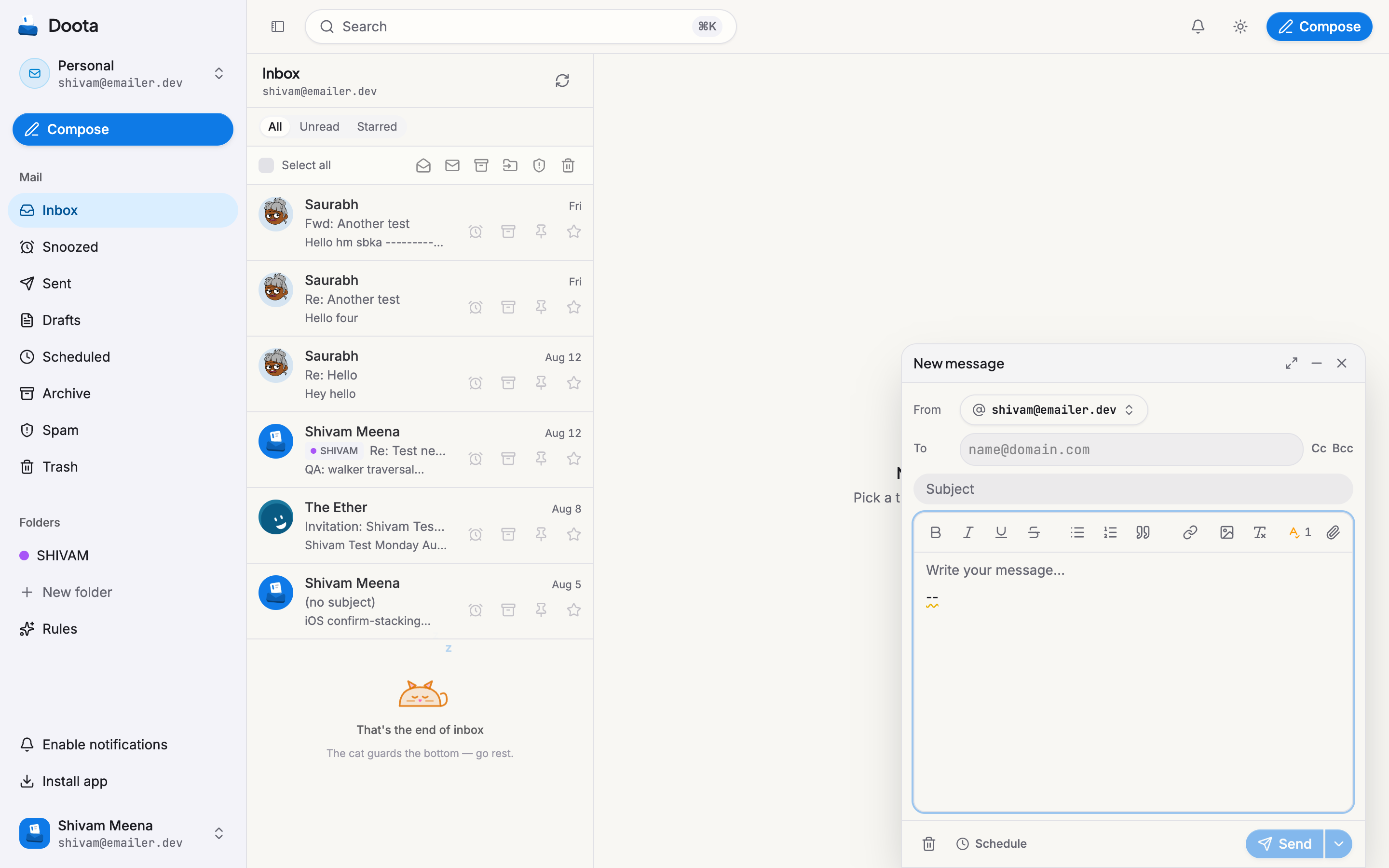 The Doota message composer, with recipient, subject, and the from-address picker
