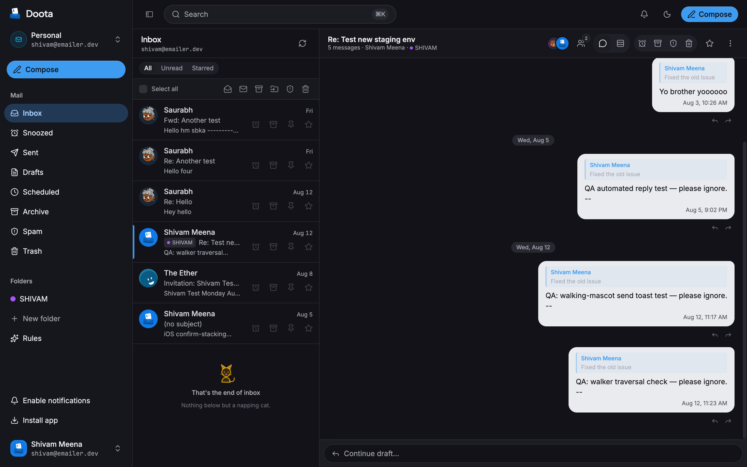 A Doota email conversation rendered as a chat-style timeline of messages