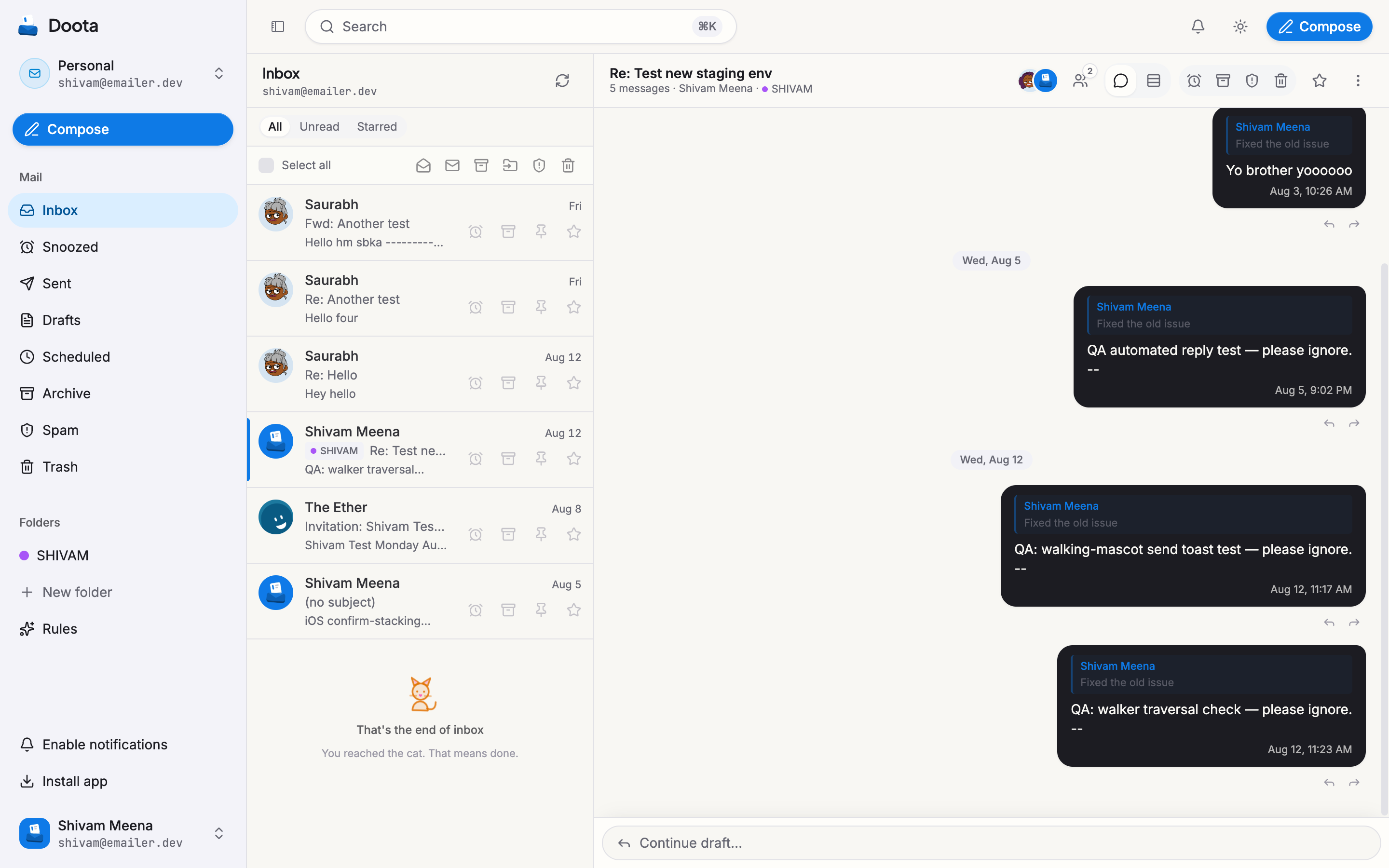 A Doota email conversation rendered as a chat-style timeline of messages